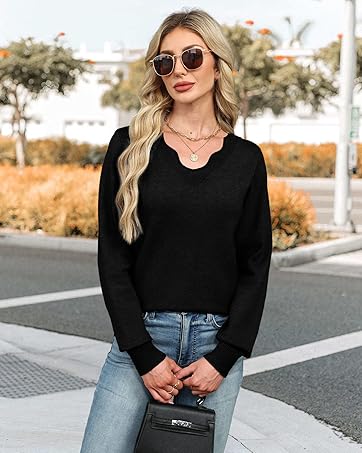 OFEEFAN Women's Soft V-Neck Pullover Sweater Lightweight Knit Top for Layering Casual Apricot Longsleeves