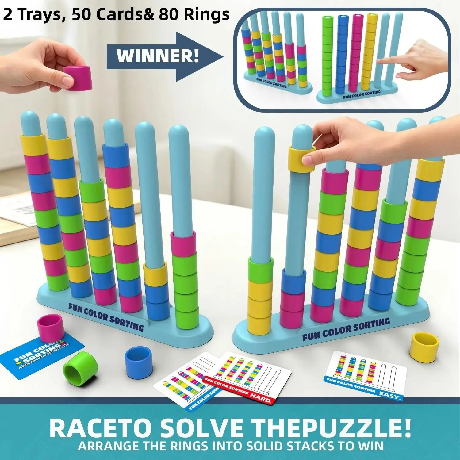An exciting competitive stacking toy for family‑time play. It helps children improve color recognition, concentration and logical thinking. Full set contains 2 trays,50 double‑sided challenge cards,80 vibrant rings. Suitable for children aged 3‑8.
