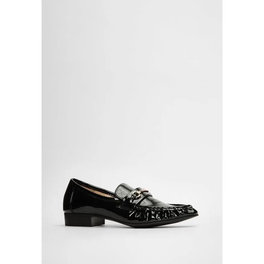 JUST FAB Women's Horsebit Loafers, Ruched Eco Leather Slip On Shoes, Low Block Heel Work Flats, Classic Office Casual Dress Loafers