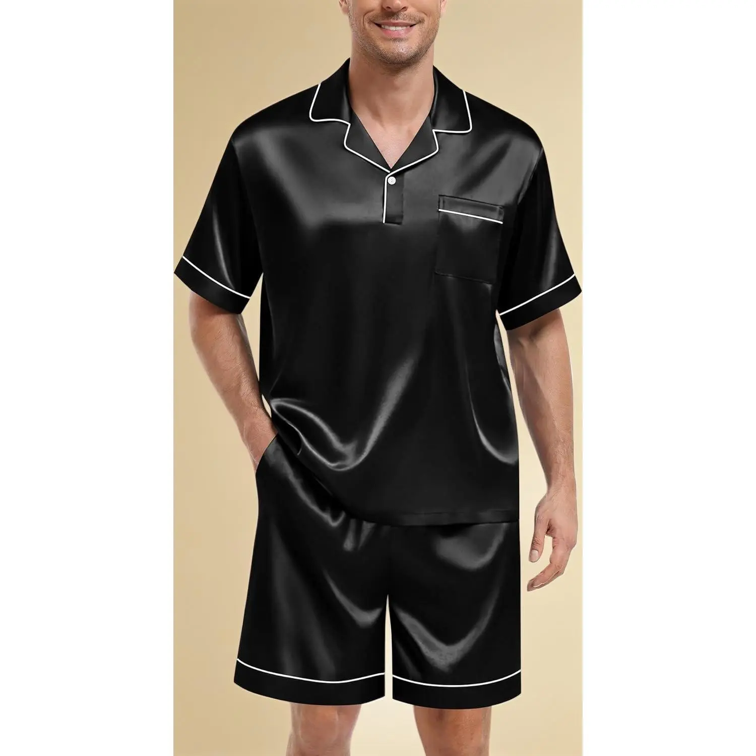 Men's Loose-Fitting Plain 2-Piece Silk Satin Pocketed Pajama Set - Short Sleeve Classic Lapel Nightwear Loungewear Set for Menswear, Pocketed Set, Pyjama Bottoms