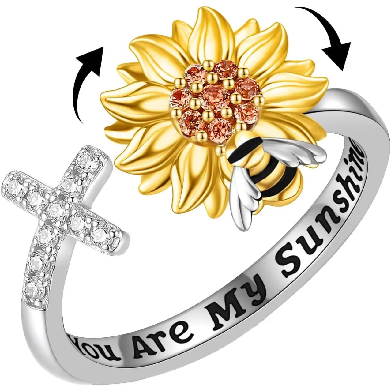 Sunflower Spinner Ring 925 Sterling Silver Sunflower Fidget Spinner for Anxiety Adjustable Thumb Open Ring You Are My Sunshine Jewelry Gift for Women