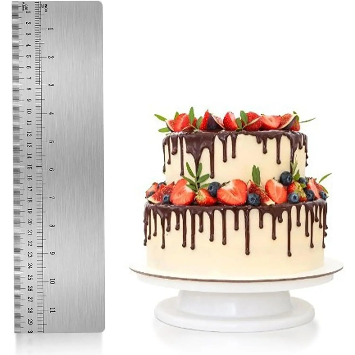 Cake Scraper  with Scale, Stainless Steel Icing Tool, Not Serrated | -in scale in and cm, includes 1 scraper only, not a serrated cake comb, confirm cake height fits 12 in