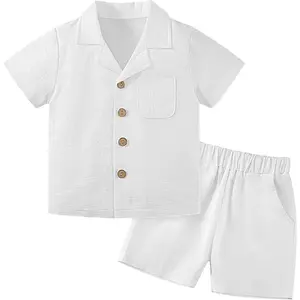 Baby Boy Clothes Set Toddler Summer Outfit Cotton Linen Short Sleeve T-Shirt Top Pocket Button-Down Shirt Short Set(Gift)