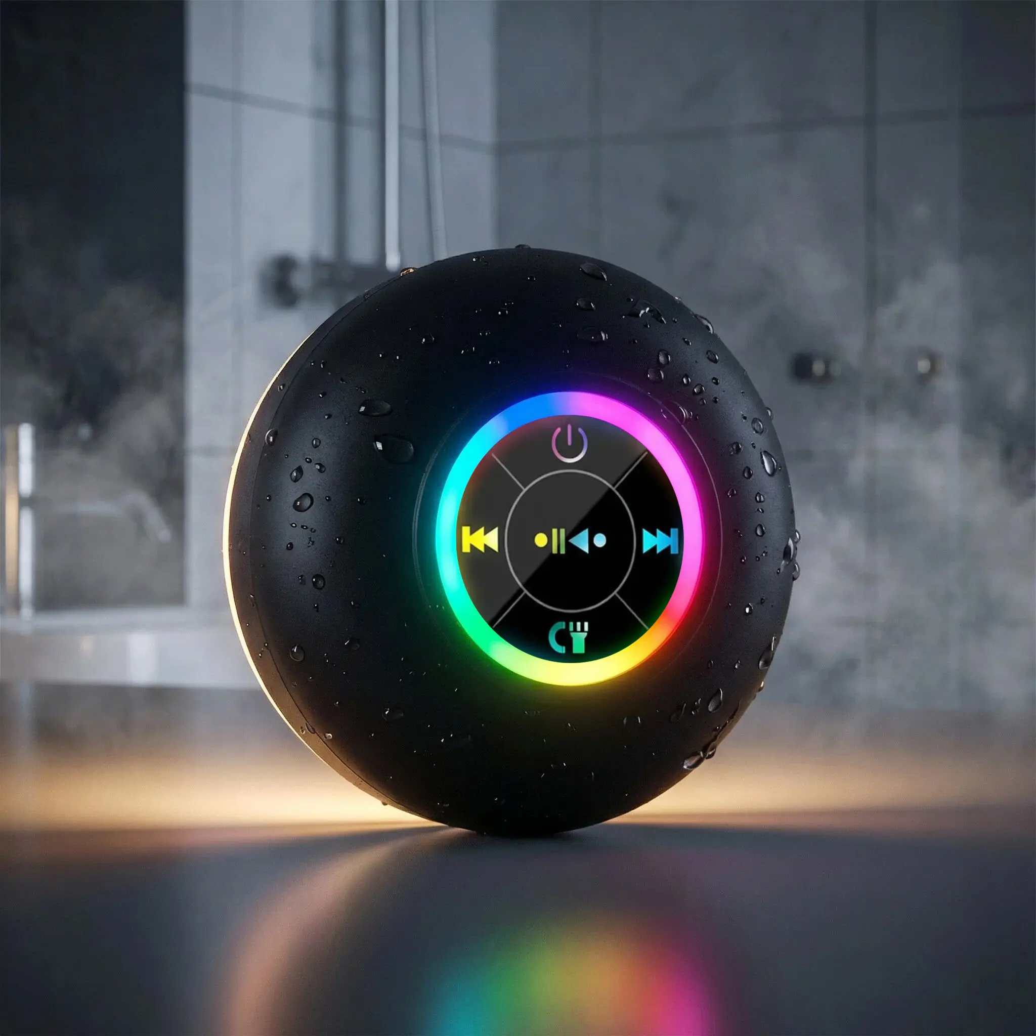 Waterproof Wireless Bluetooth Audio Speaker with Strong Suction Cup - Hands-Free Call, LED Running Lights, Matte Skin-Feel, Mini Portable for Kitchen, Bathroom & Camping Portable Speakers