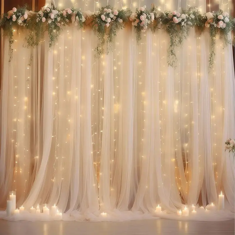 10*10ft Tulle Backdrop Curtain with String Lights, Sheer Photo Background Drapes for Wedding, Party, Birthday & Event Decoration