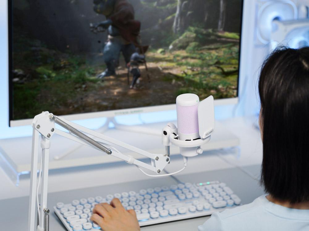 FEELWORLD VM1 White Gaming PC USB Microphone with Boom Arm Stand Noise Cancellation RGB Light Mute for Gamer YouTube Twitch Podcast Streaming Recording Chat PS4 PS5