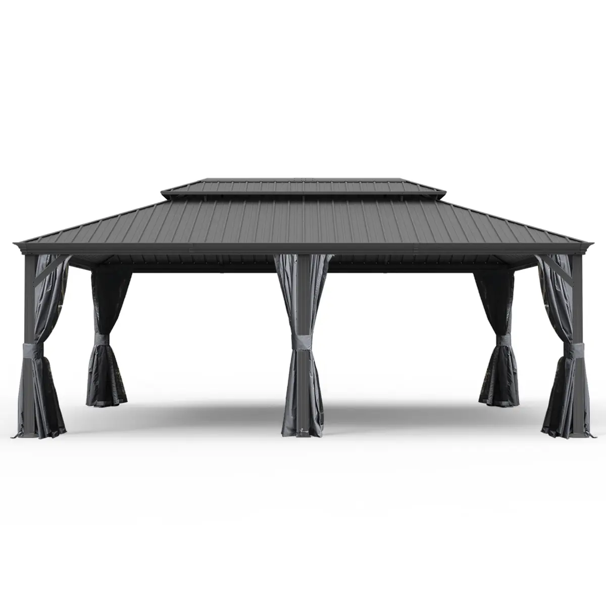 14' X 24' Hardtop Gazebo, Upgraded Metal Gazebo with Drainage System, Dual-Layer Galvanized Steel Roof, Curtain and Netting, Outdoor Shelter Canopy for Patio, Garden, and Backyard, Grey