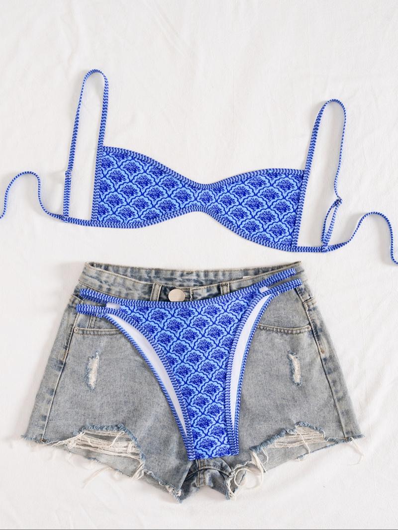 Two-Piece Set Women's Floral Print Bikini Set, Casual Fashion Chic Swimsuit Set for Beach Holiday Vacation, Ladies Summer Clothes, Flower Print Bikini