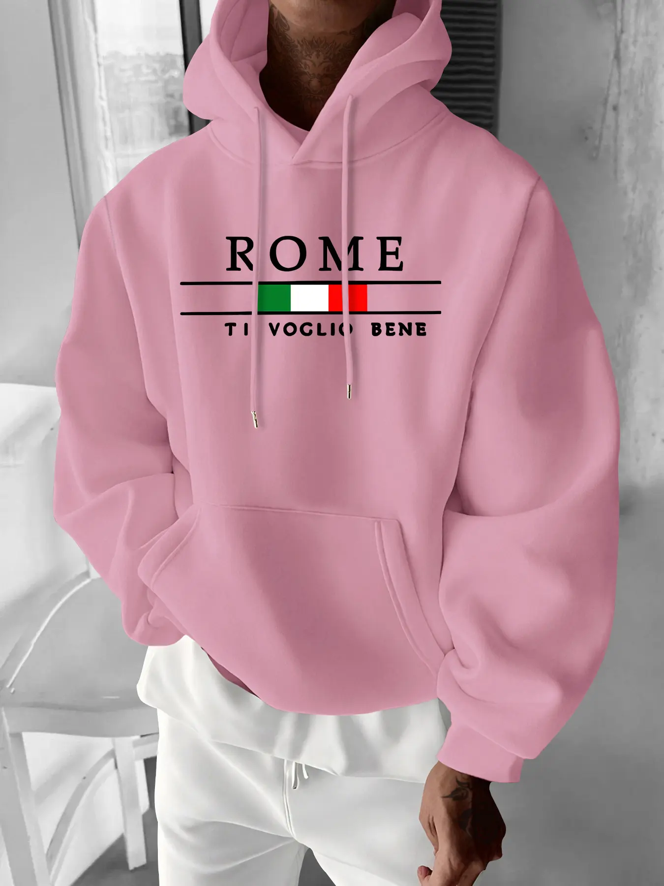 Men's Casual Sporty Hoodie Sweatshirt, Rome Print, Regular Fit, Slight Stretch, Drawstring, Kangaroo Pocket, Fall & Winter