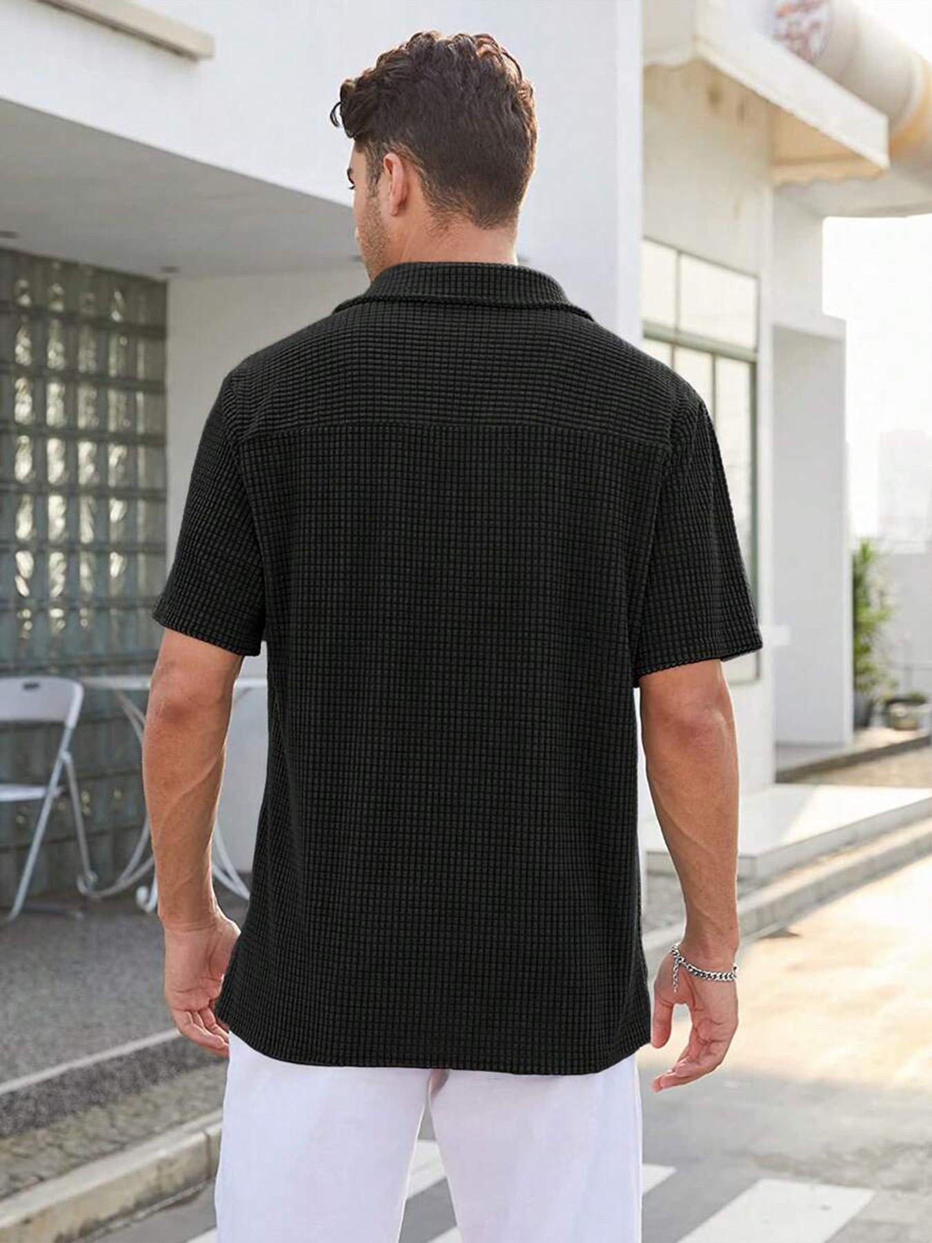 Men's Regular Fit Pocket Button Front Waffle Knit Polo Shirt, Casual Short Sleeve Top for Summer, Menswear for Daily Wear