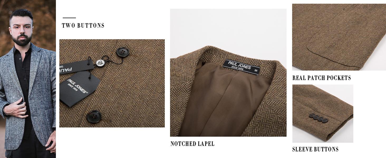 Men's Herringbone Tweed Blazer British Wool Blend Sport Coat Jacket