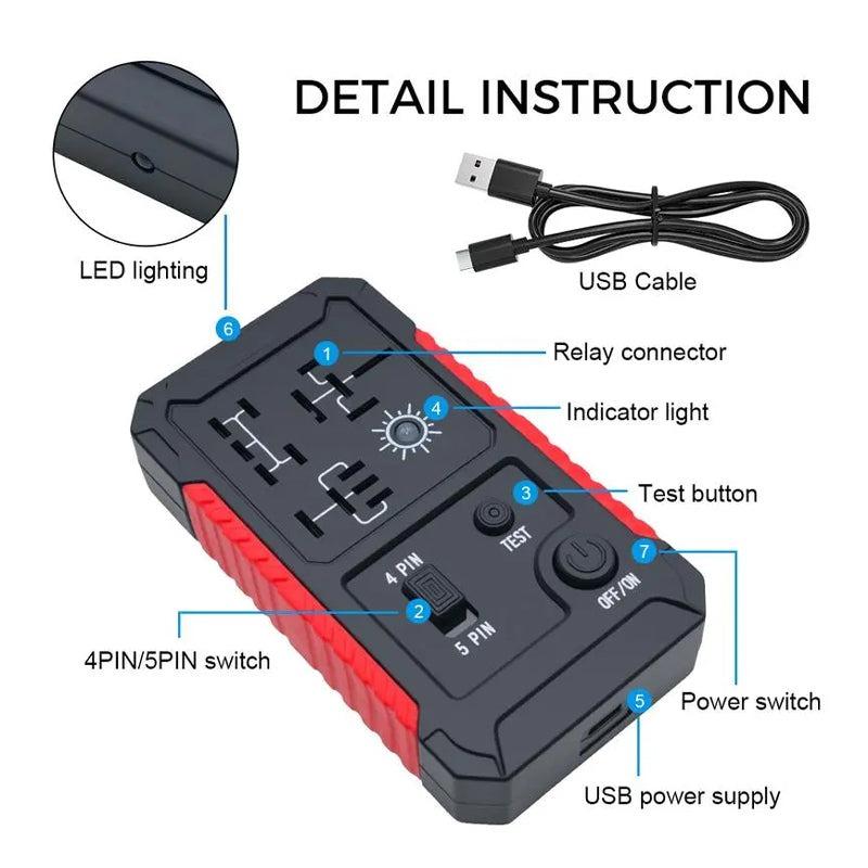 DC 12V Automotive Relay Tester for 4PIN and 5PIN Testing, USB Rechargeable Car Relay Voltage Tester with Switch & Light Indicator, 5V DC, 1A-2A Input, Universal Relay Tester Device