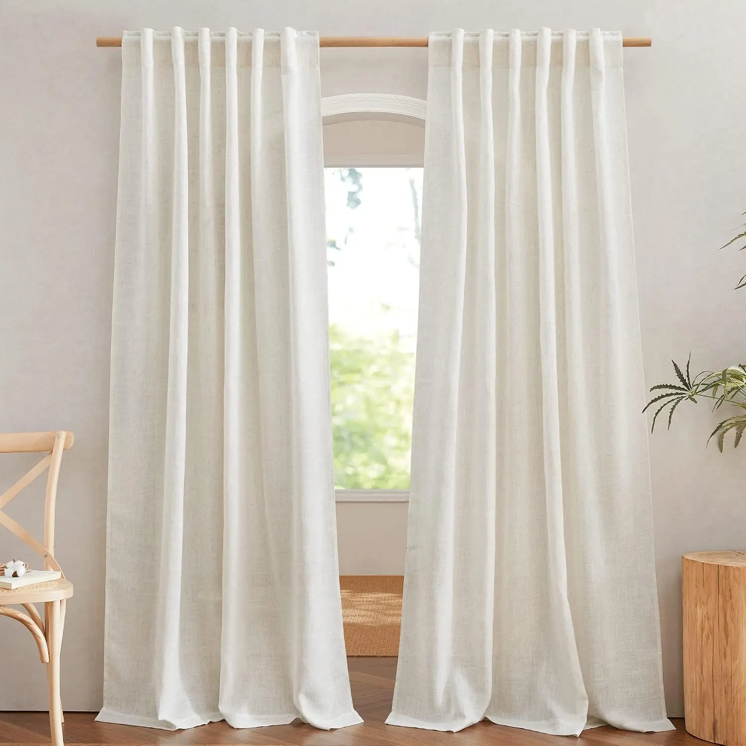 Flax Curtains 84 inch Long, Rod & Back Tab Semi Sheer Vertical Drapes Privacy Added with Light Filtering for Bedroom/Living Room, Burlap, W52 x L84, 2 Pieces