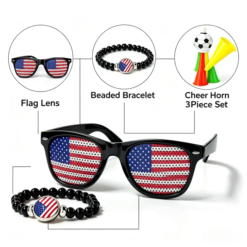 USA Game Day Fan Accessory Kit, Patriotic Flag Sunglasses, Beaded Bracelet & Soccer Horn, Party Favors for Sports Match