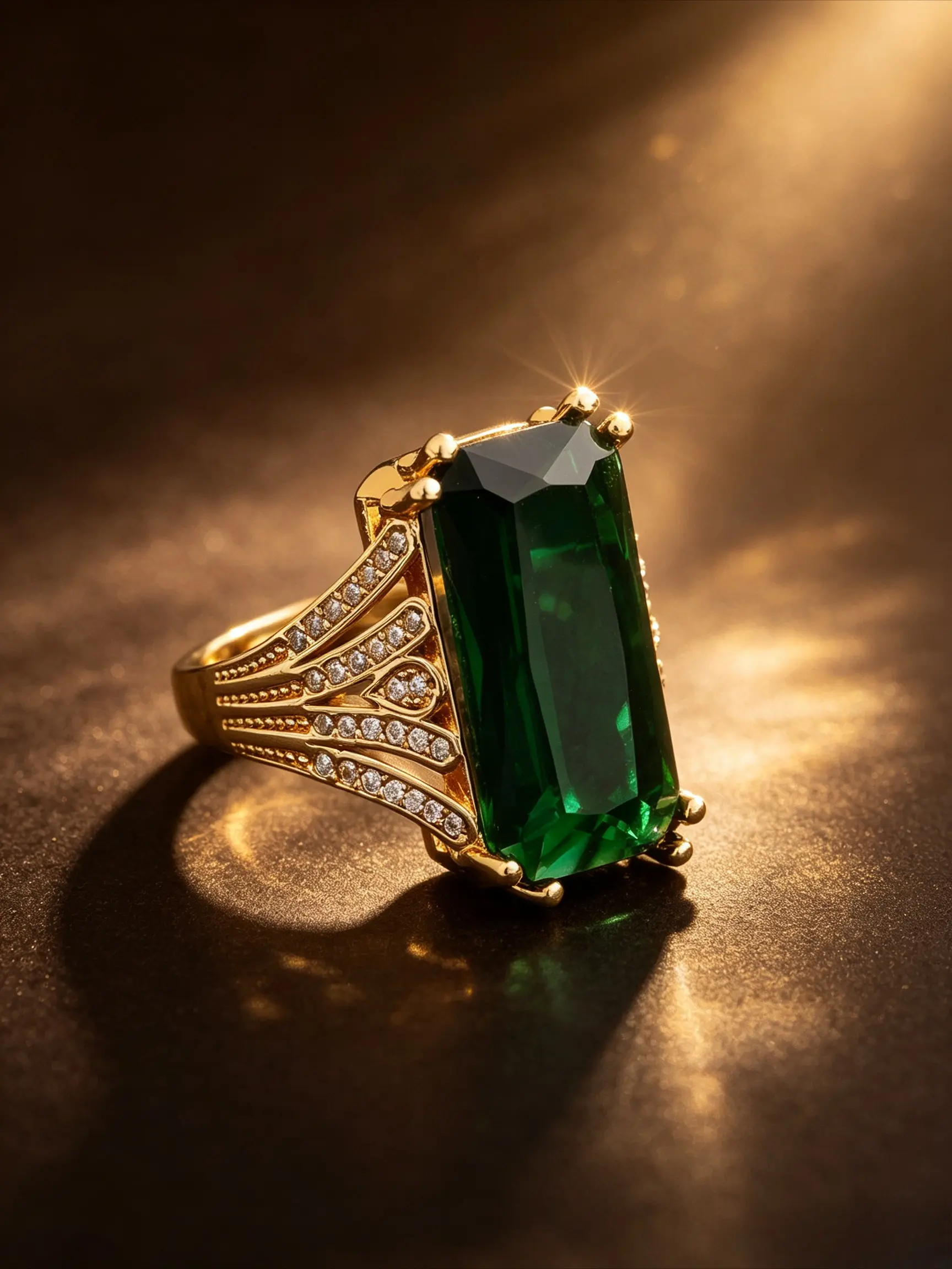 Rectangle Cut Green Cubic Zirconia Open Ring For Women, Vintage Filigree Side Crystal Emerald Statement Cocktail Ring, Gold Tone Adjustable Luxury Jewelry Suitable For Daily, Wedding, Party, Birthday Gift For Her