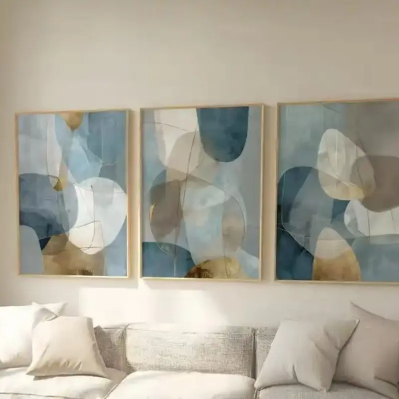 3pcs Abstract Blue Gray Gold Geometric Pattern Frameless Canvas Painting Living Room Home Decoration Printing Neutral Earth Color Green Wall Art Poster