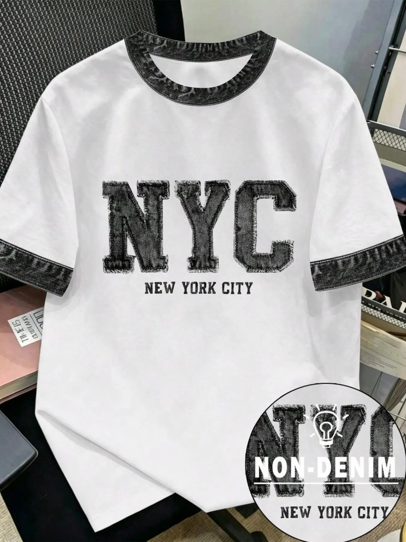 Non-Denim Fake Denim Patch Letter Half Sleeve T-Shirt, New York City Style Loose Trendy Top, Casual Fitted Short Tee