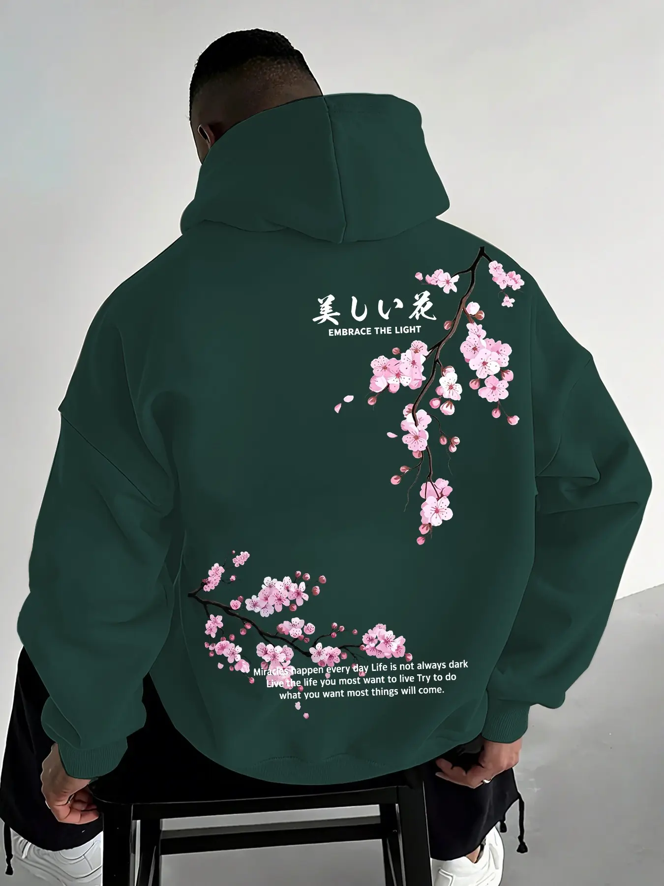 Men Oversized Drawstring Hoodie, Front Back Cherry Blossom Japanese Kanji Inspirational Quote Print Soft Loose Pocket Pullover For Asian Streetwear Daily Casual Aesthetic Outfit #SakuraHoodie #JapaneseGraphicHoodie #OversizedStreetwear