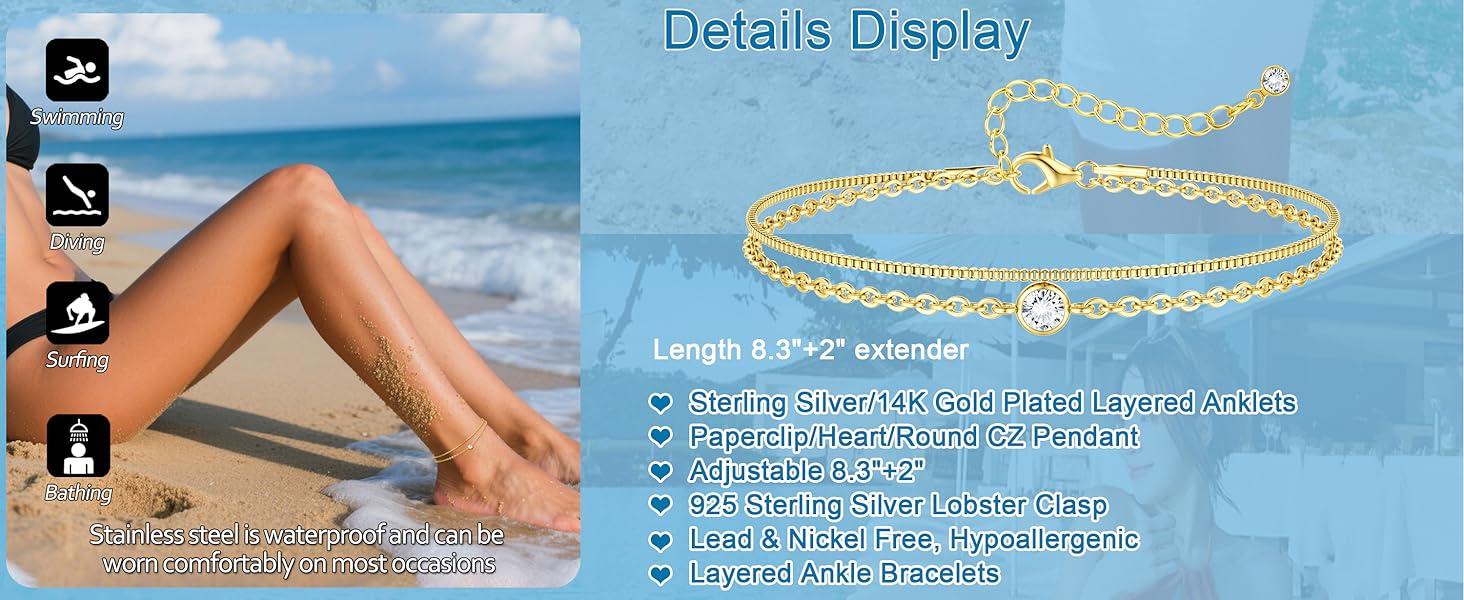 CASSIECA 925 Sterling Silver Anklets for Women Dainty CZ Parperclip Heart Layered Waterproof Silver Ankle Bracelets Adjustable Extra Large Anklet Beach Foot Jewellery