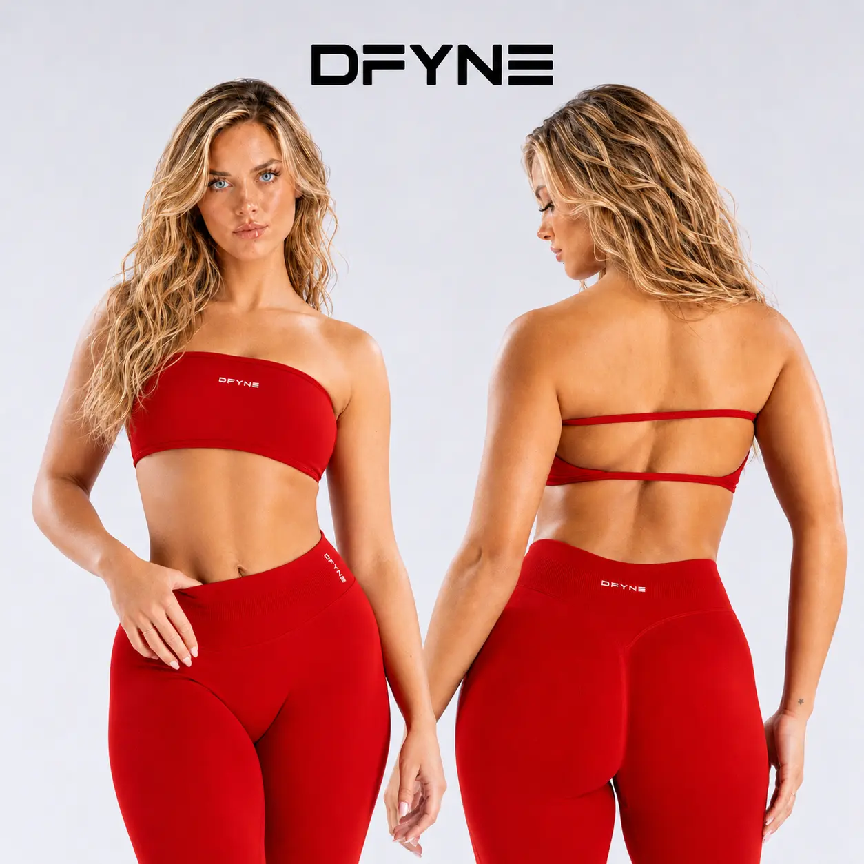 DFYNE Women New 2-Piece Yoga Workout Set, Full Dull Matte Ultra Soft Nylon Strapless Bandeau Tube Top with Removable Support Pads, High Stretch Seamless Sculpt Activewear Outfit for Gym Yoga Running