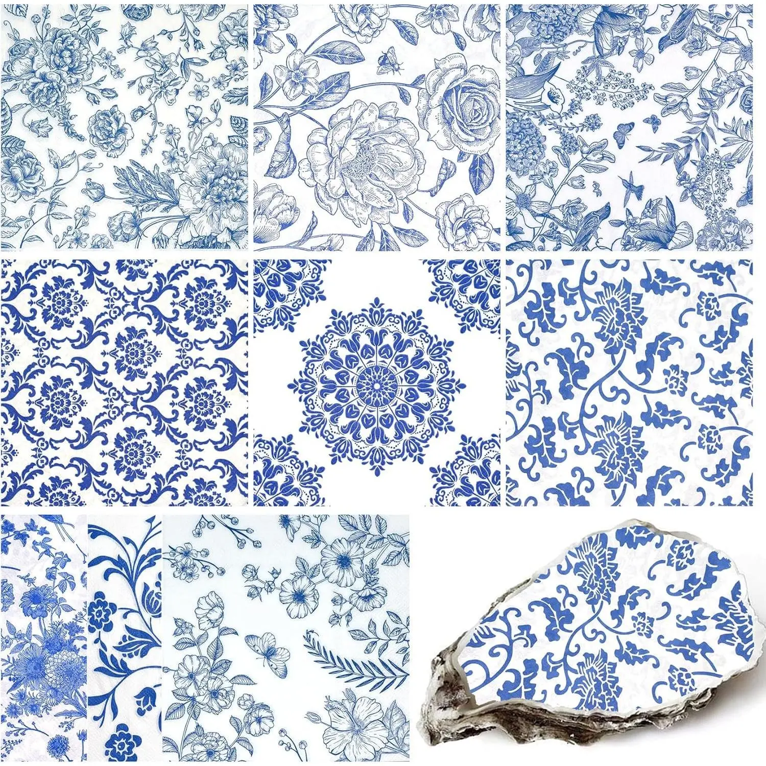 Decoupage Napkins Assorted Floral 27 Pack 9 Styles for DIY Crafting Birthday Party Decorative Decoupage Napkins Cocktail Paper Each Unfolded 13 Inch (Blue Floral)