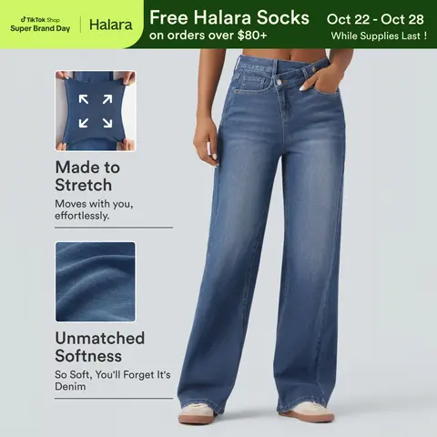 Halara Flex™ Asymmetric High Waisted Washed Casual Baggy Jeans with Pockets