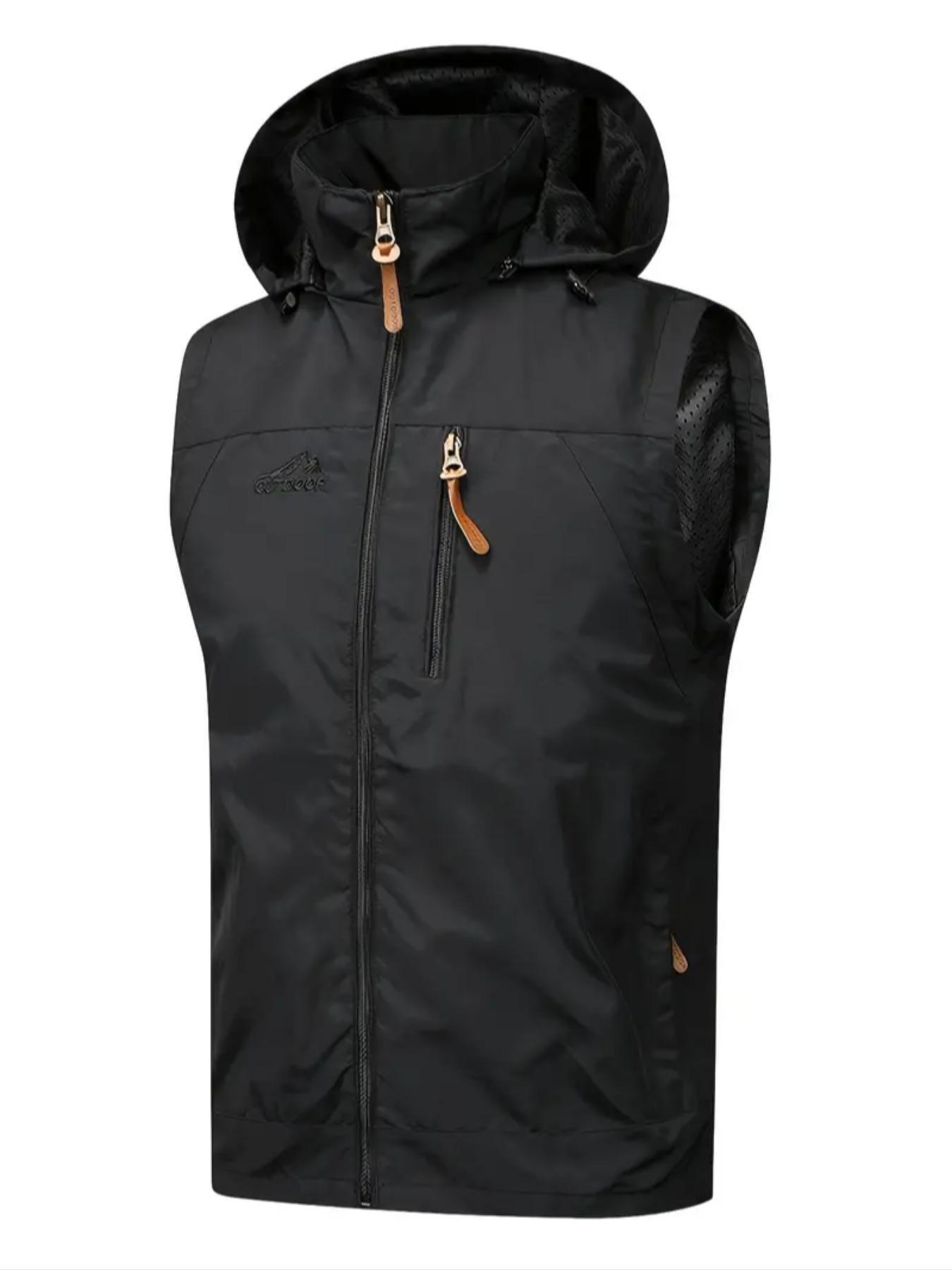 Men's Letter Graphic Embroidery Drawstring Zip Up Vest Zipper Hooded Vest Jacket, Regular Fit Casual Pocket Sleeveless Outerwear for Fall & Winter, Men's Clothes for Outdoor Activities
