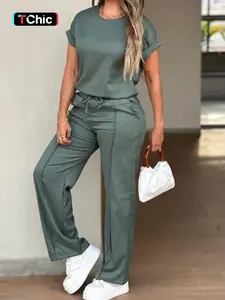Minimalist Casual Two-Piece Set, Round Neck Turn-Down Short Sleeve Top, Button Back, Flowy High Waist Wide Leg Pants, Commuter Lazy Wear