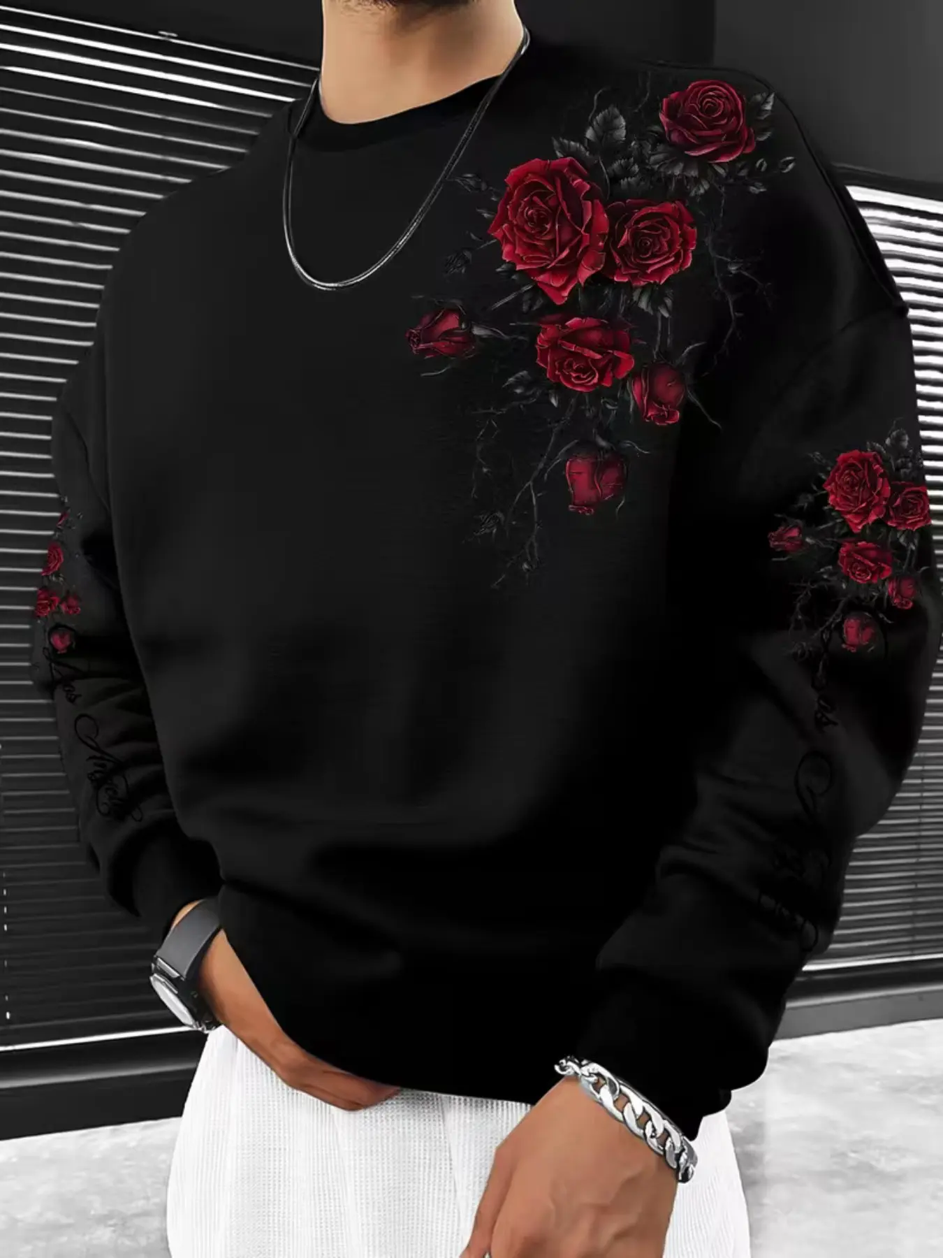 American Vintage Classic Thorn Rose Print Round Neck Sweatshirt, Loose Drop Shoulder Men's Fall Winter Streetwear Long Sleeve Top