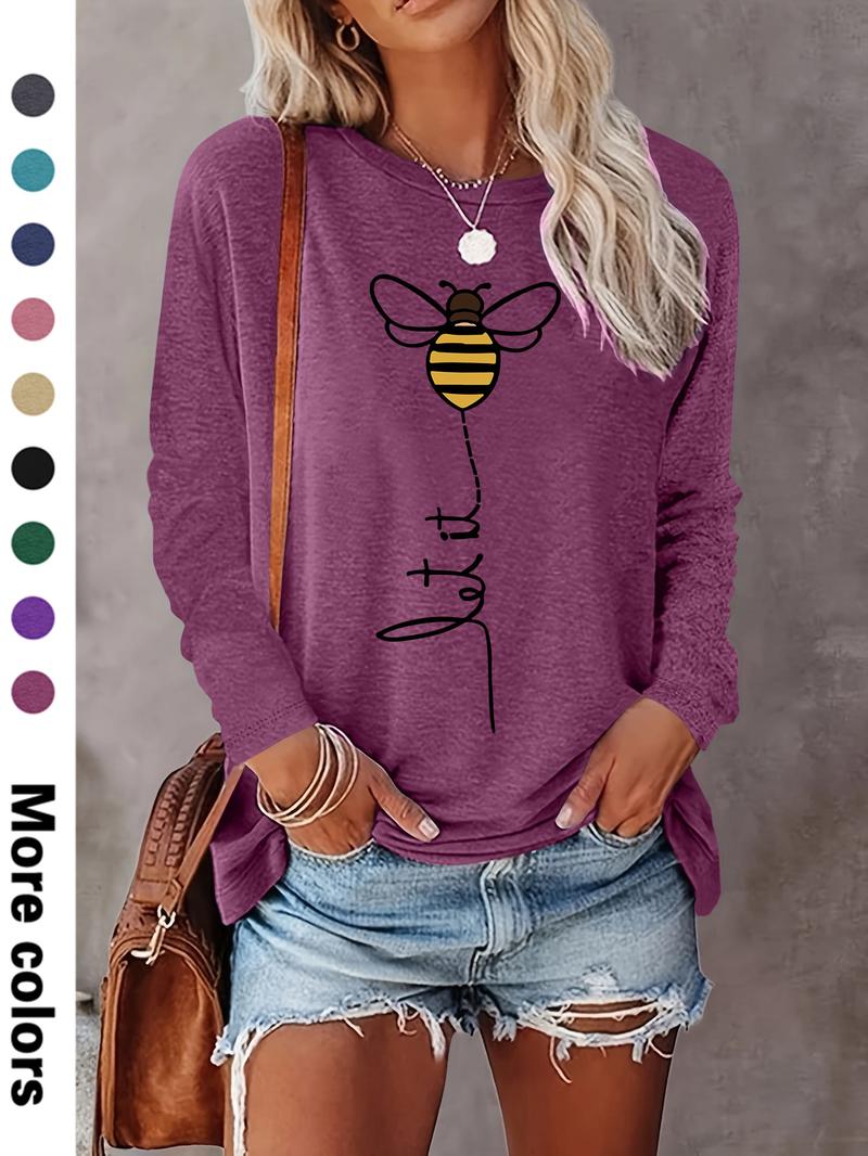 Women's Cartoon Bee Print Round Neck Tee, Casual Chic Long Sleeve Crew Neck T-shirt for Fall & Winter, Women's Top for Daily Wear, Womenswear