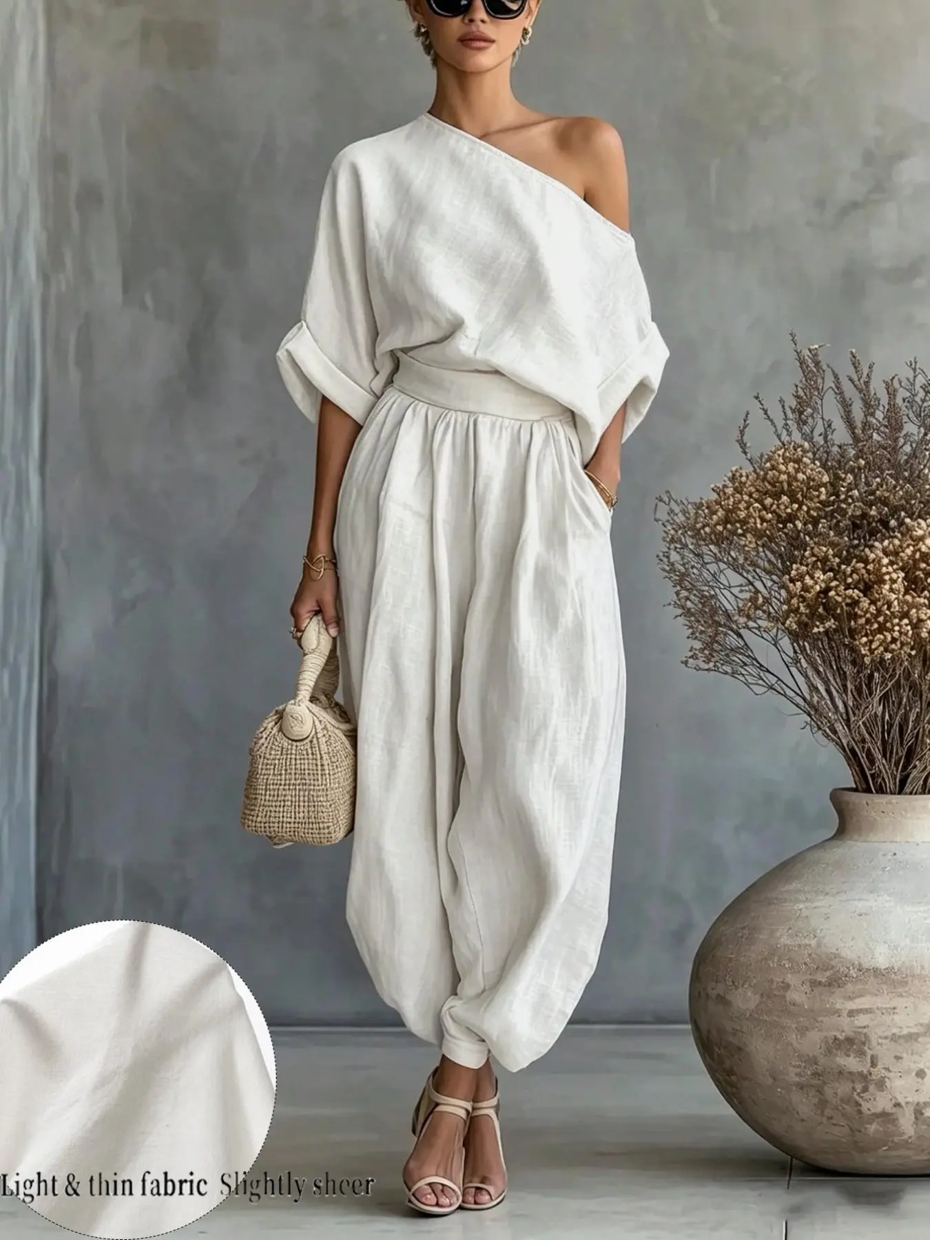 European and American Style Minimalist Loose Oversize Two-Piece Set, High-Waisted Wide-Leg Pants, Casual Vacation for Women, Comfortable and Stylish