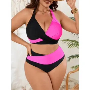 2026 Large Plus Big Size Swimsuit Women Halter Color Blocking Bikinis High Waist Swimwear Female Bathing Swimming Swim Suit 5XL