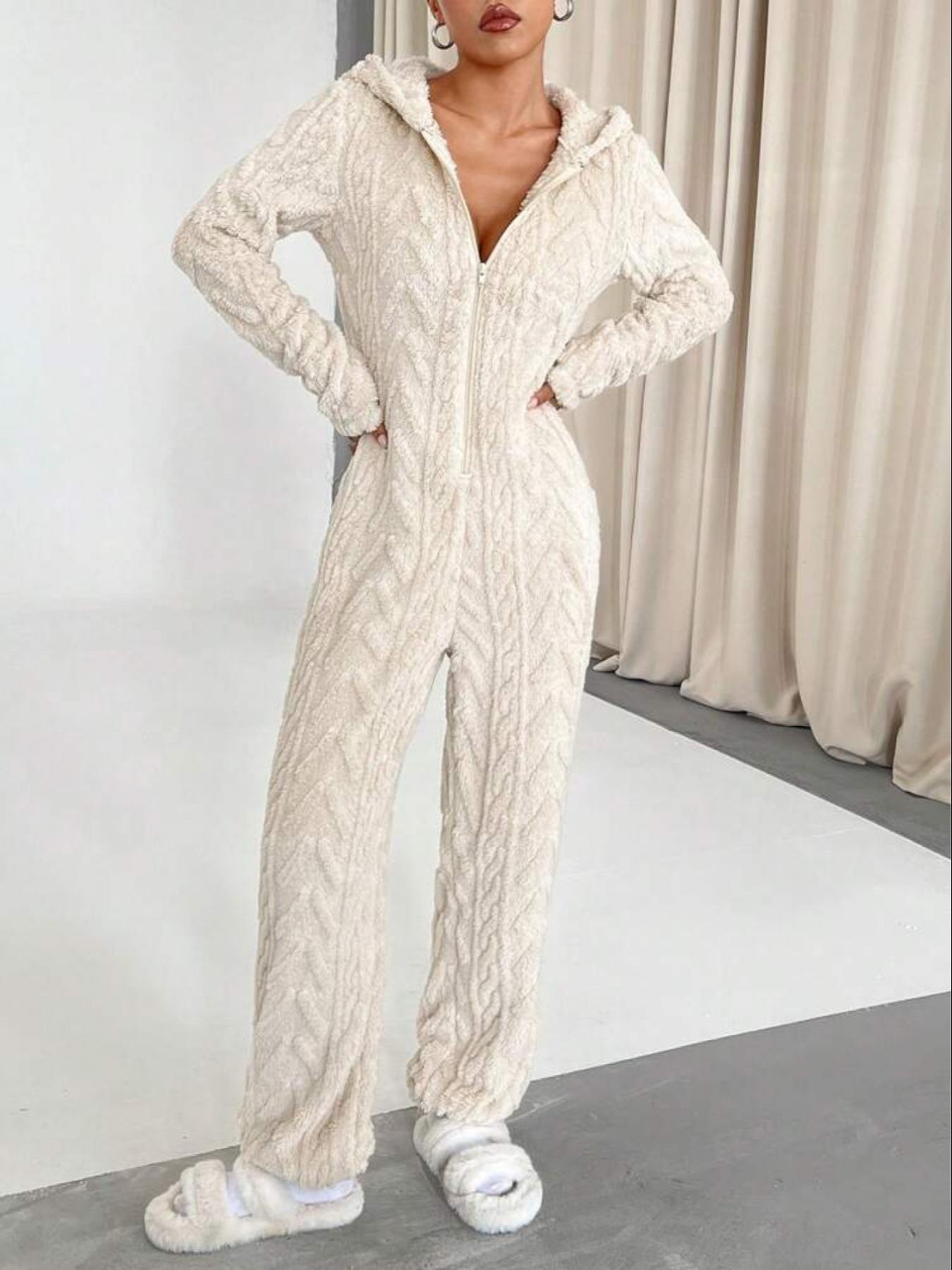 Elegant Chic Women's Solid Color Wool Hooded Long Sleeve Deep V Sexy Jumpsuit, Slim-Fit Contemporary Style for All Seasons