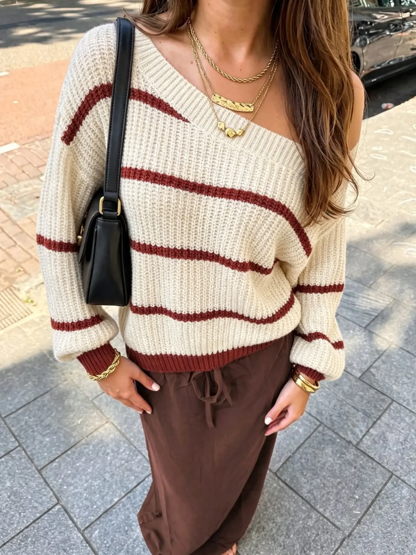 Women's Striped Knit Off-Shoulder Long Sleeve Pullover, Soft and Skin-Friendly, Elastic and Comfortable, Ideal for Daily Wear and Casual Dates, Fall Winter Choice