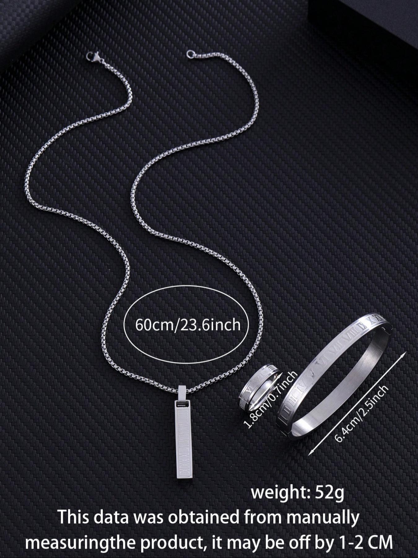Men's Minimalist Temperament Stainless Steel Jewelry Set, Casual Trendy Letters Engraving Pendant Necklace & Bangle & Ring, Fashion Accessories for Daily Wear