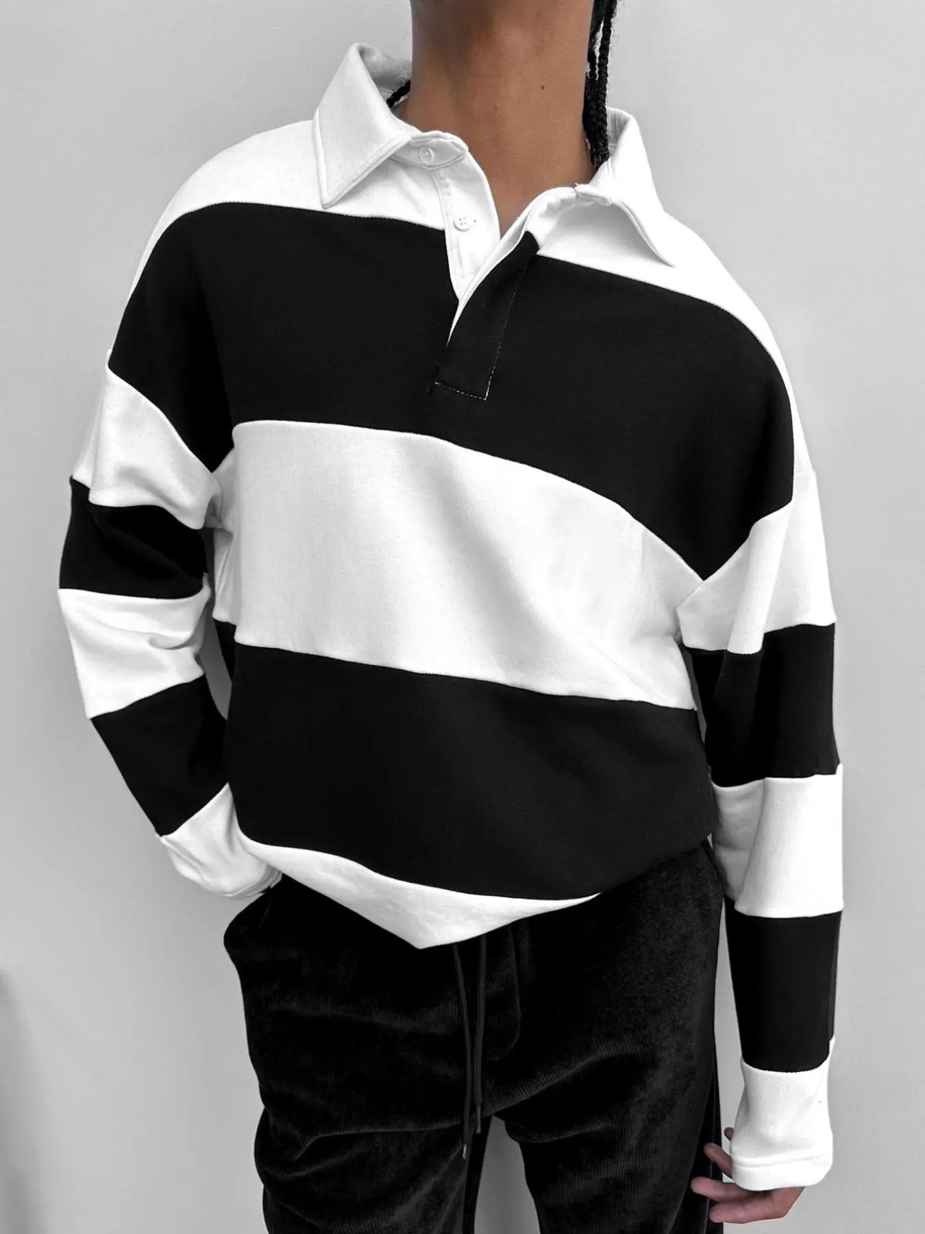 Vintage Men's Striped Rugby Polo Shirt, Long Sleeve Button Down, Loose Fit Casual Sporty Streetwear, Spring & Fall Daily Wear