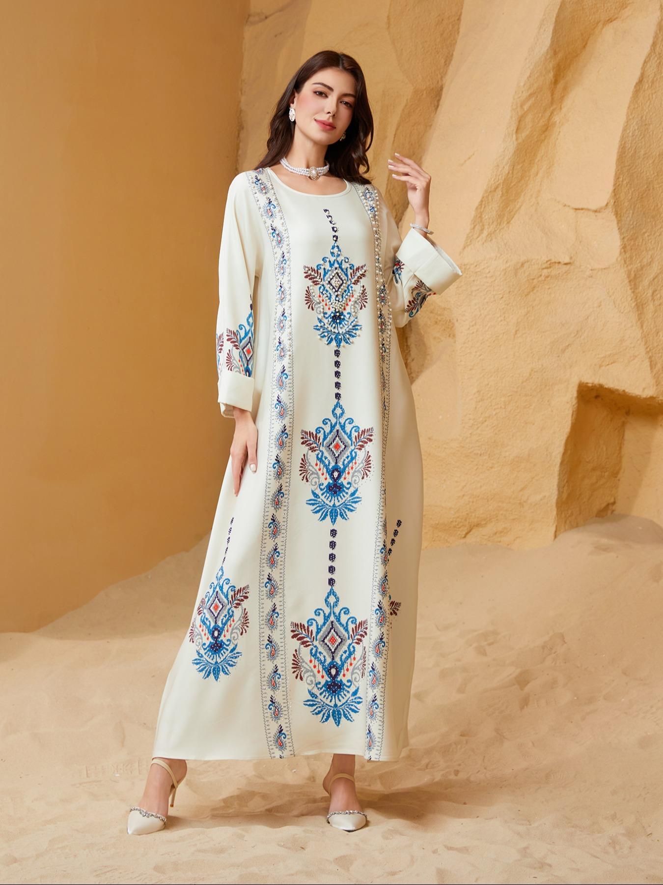 Middle Eastern Women's Embellished Pearl Round Neck Floral Printed Luxurious Elegant Jalabiya Dress, Loose-Fitting All Seasons Fashion