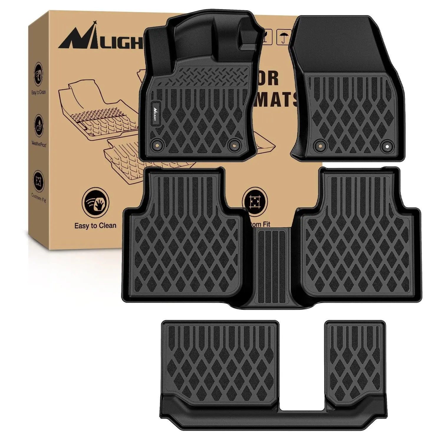 Nilight TPE All-Weather Car Floor Mats - Custom-Fit Heavy-Duty Floor Liners for Volkswagen Tiguan 7 Seats (2018-2024), Waterproof, Spill-Proof, Easy to Clean, Lifetime Service, Includes Clips