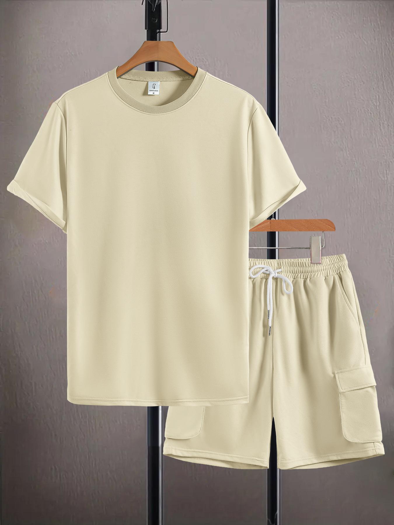 Men's Solid Color Tee & Drawstring Waist Shorts Loungewear Two-piece Set, Regular Fit Breathable Menswear and Soft Casual Comfy Round Neck Short Sleeve T-shirt & Pocket Shorts Pj Set, Men's Sleepwear for Summer