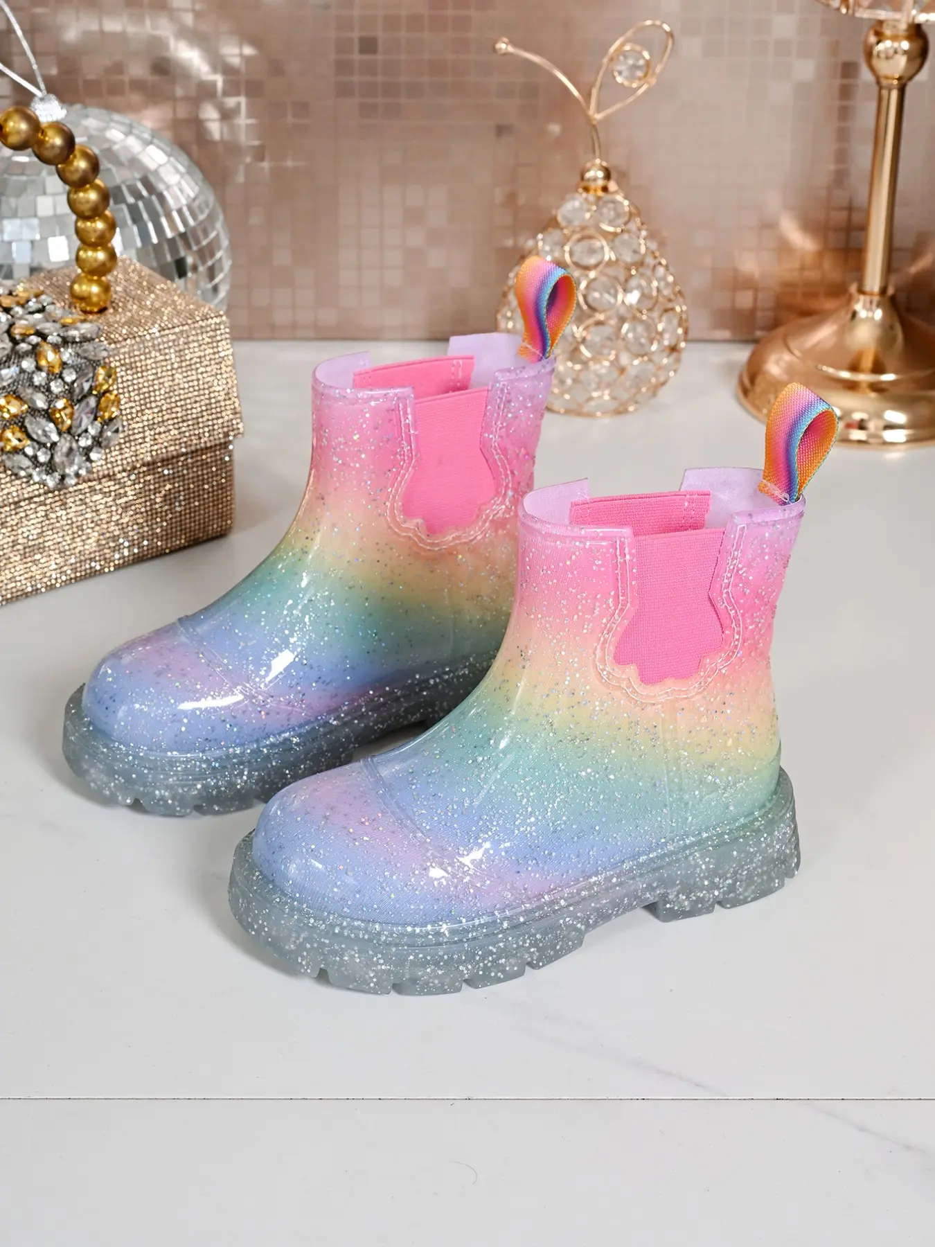 Kids' Shiny Short Rain Boots, Gradient Color Webbing Loop, Round Toe, Casual Outdoor Shoes, Fun and Stylish Design, Boots Spark
