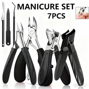 7pcs Heavy Duty Toenail Clipper Set for Elderly - Angle and Tilt Curved Blades, Splashproof, Long Handle, Includes Nail File, Professional Foot Repair Tool Kit