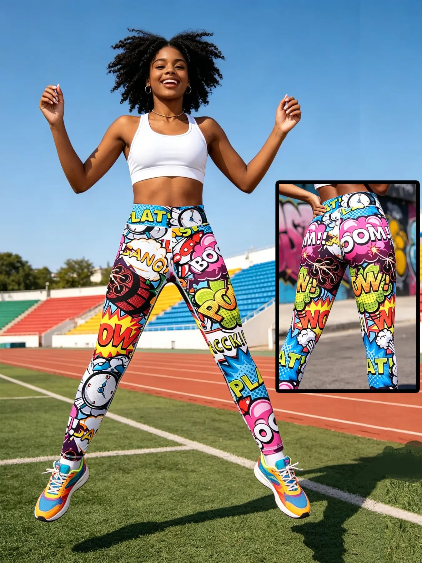 Colourful graffiti trousers with cartoon prints – street-style comic-inspired ‘explosion’ design, fashionable girly style; high-saturation, quirky, cute and vibrant women’s trousers suitable for parties, travel, outings and everyday wear; high-stretch
