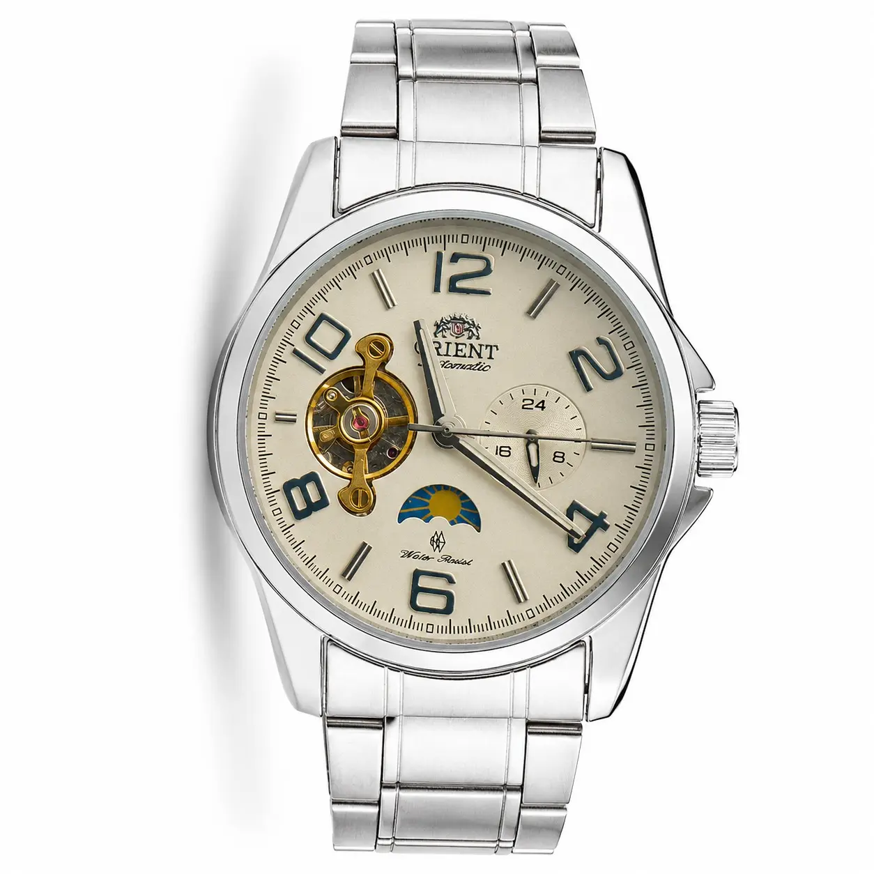 ORIENT Automatic Mechanical Watch with Moon Phase Display, Hollow Skeleton Dial & 24-Hour Subdial, Polished Stainless Steel Case, Vintage Brown Crocodile Grain Genuine Leather Strap.Classic cream dial, visible mechanical gear structure, exquisite moon ph