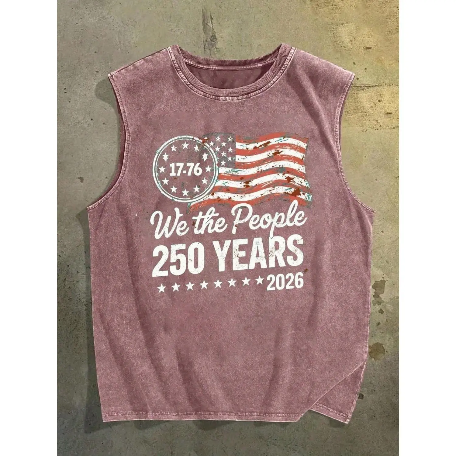 Vintage American Flag Graphic Tank Top | Distressed We the People 250 Years Commemorative Sleeveless Tee, Featuring 1776 Emblem and Star Border, Perfect for Patriotic Celebrations, Independence Day, Memorial Day