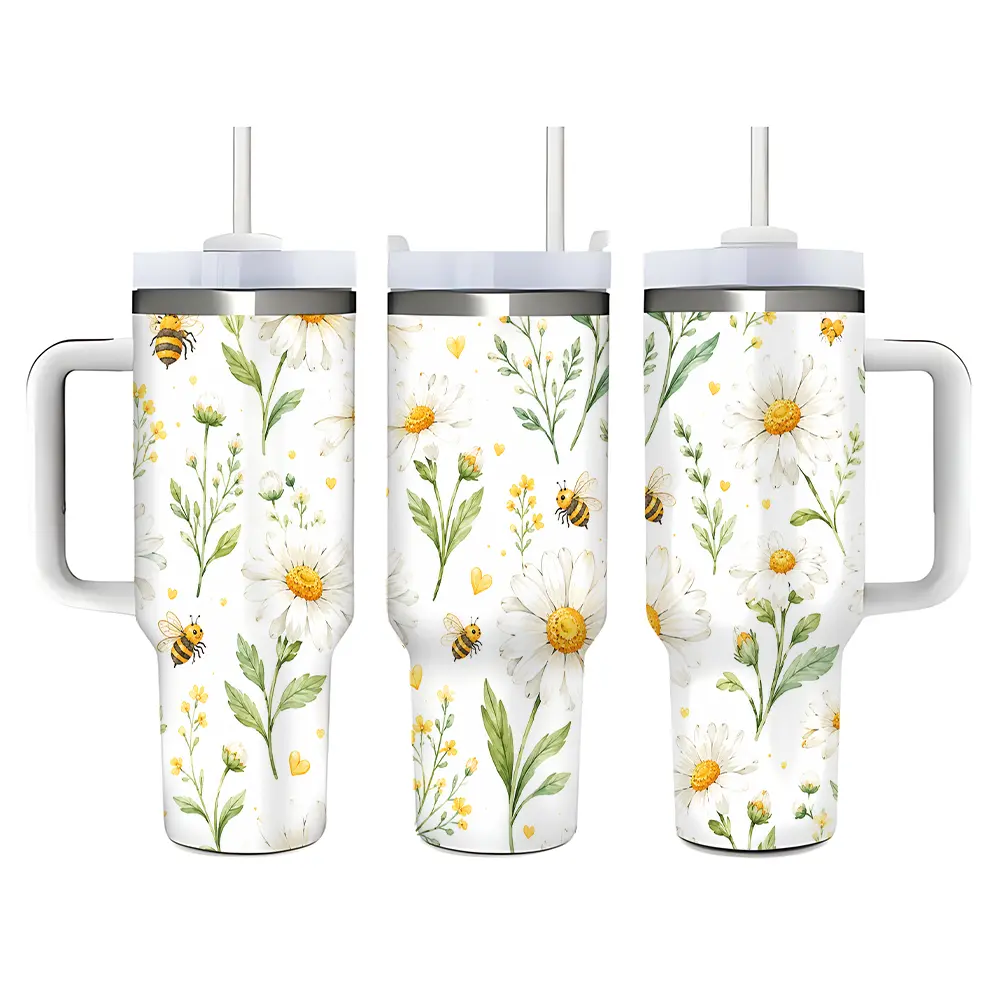 40oz Daisy Flower And Bee Pattern Stainless Steel Tumbler， Tumbler with Handle and Straw Double Wall Vacuum Insulated Travel Mug， Coffee Cups With Lids， Perfect Gifts For Birthday Holidays.