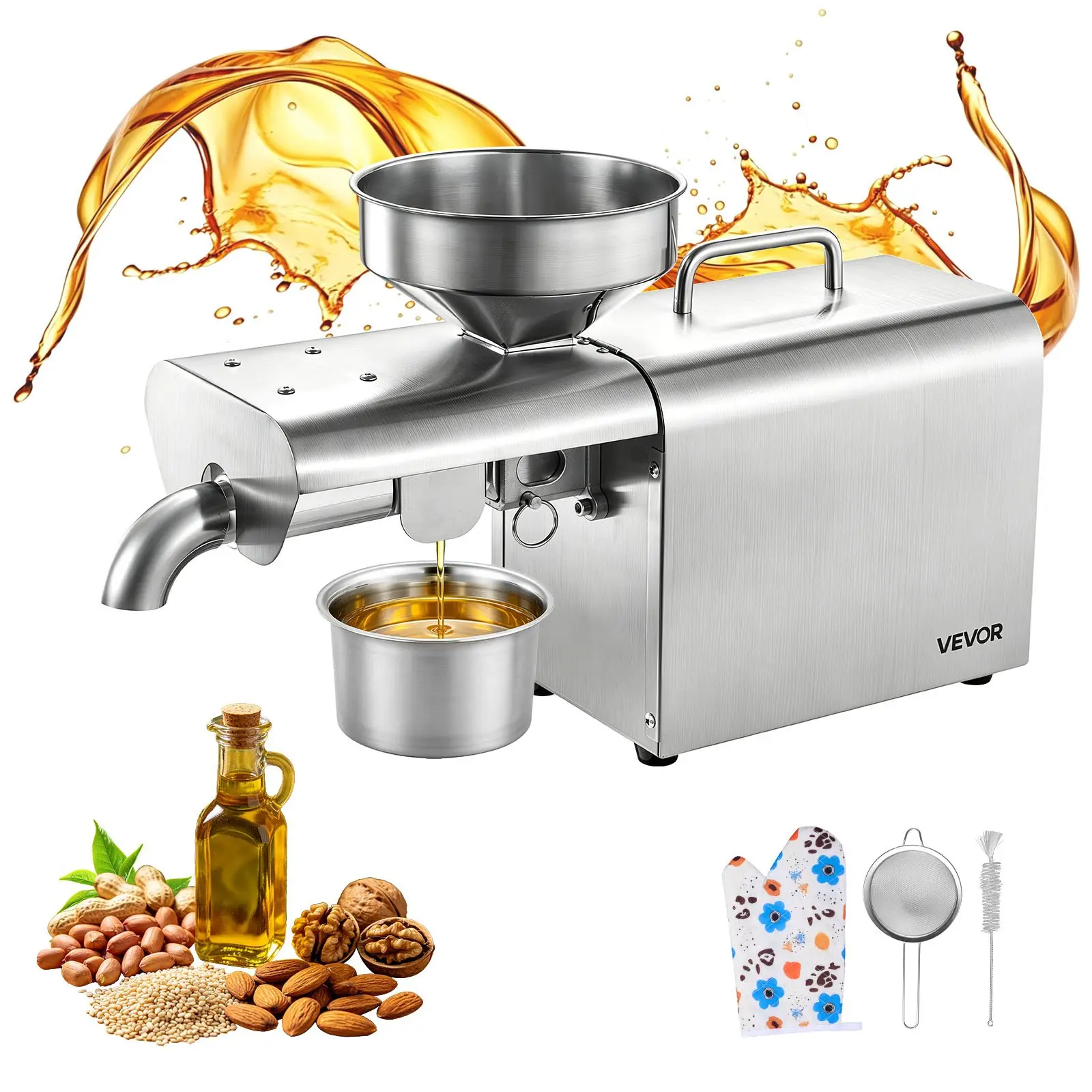 VEVOR Oil Press Machine, 8.27 LBS/H Capacity, 750W Oil Extractor Machine, Automatic Electric Oil Maker for Home Commercial Use, 122-572 Hot Pressing for Peanuts Sesames Soybeans Almonds