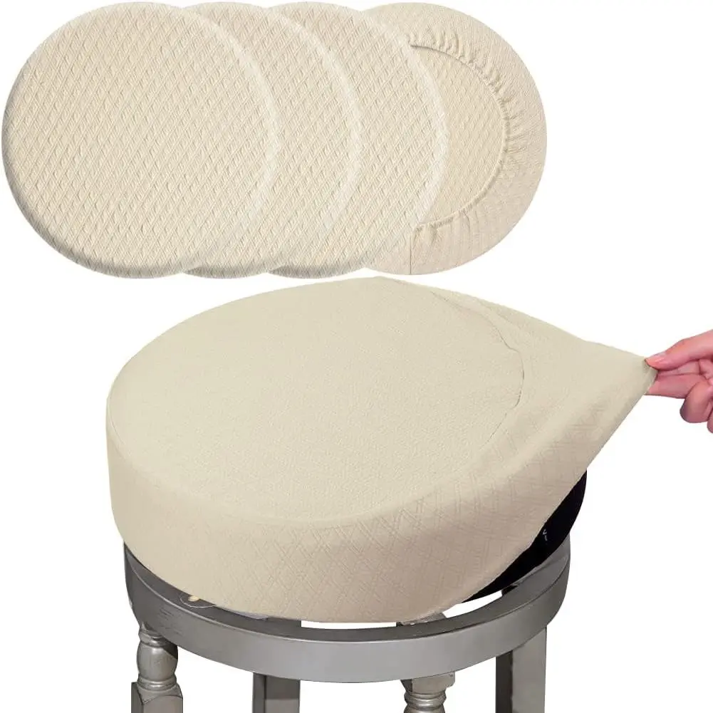4 Pcs 16-18" Dia Round Bar Stool Covers, Luxury Stretch Jacquard Fabric, Crease-Resistant Washable Dustproof Stool Seat Slipcover, L-Beige Set of 4