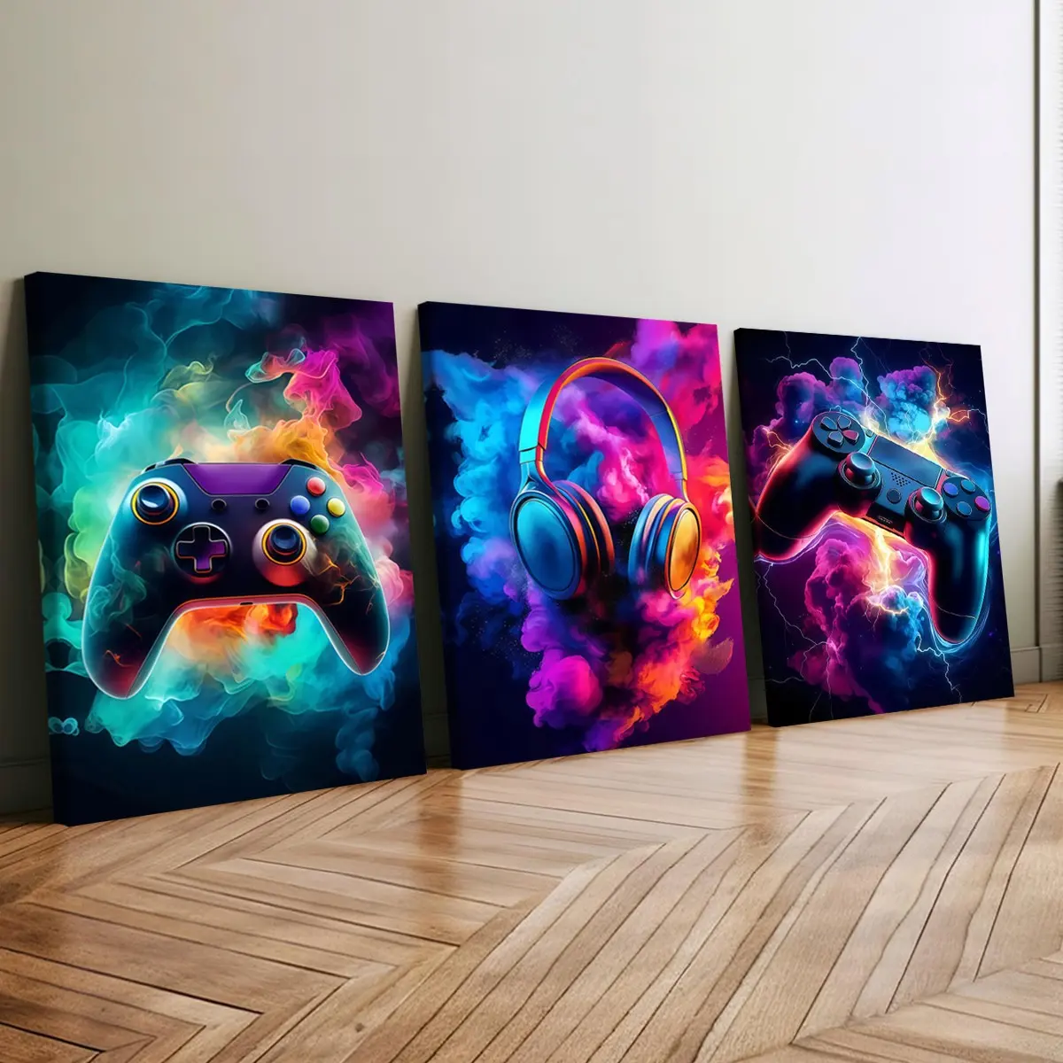 3-Piece Wood Frame Canvas Posters, Neon Smoke Light Game Controller Poster, Modern Living Room Decor, Waterproof, No Odor