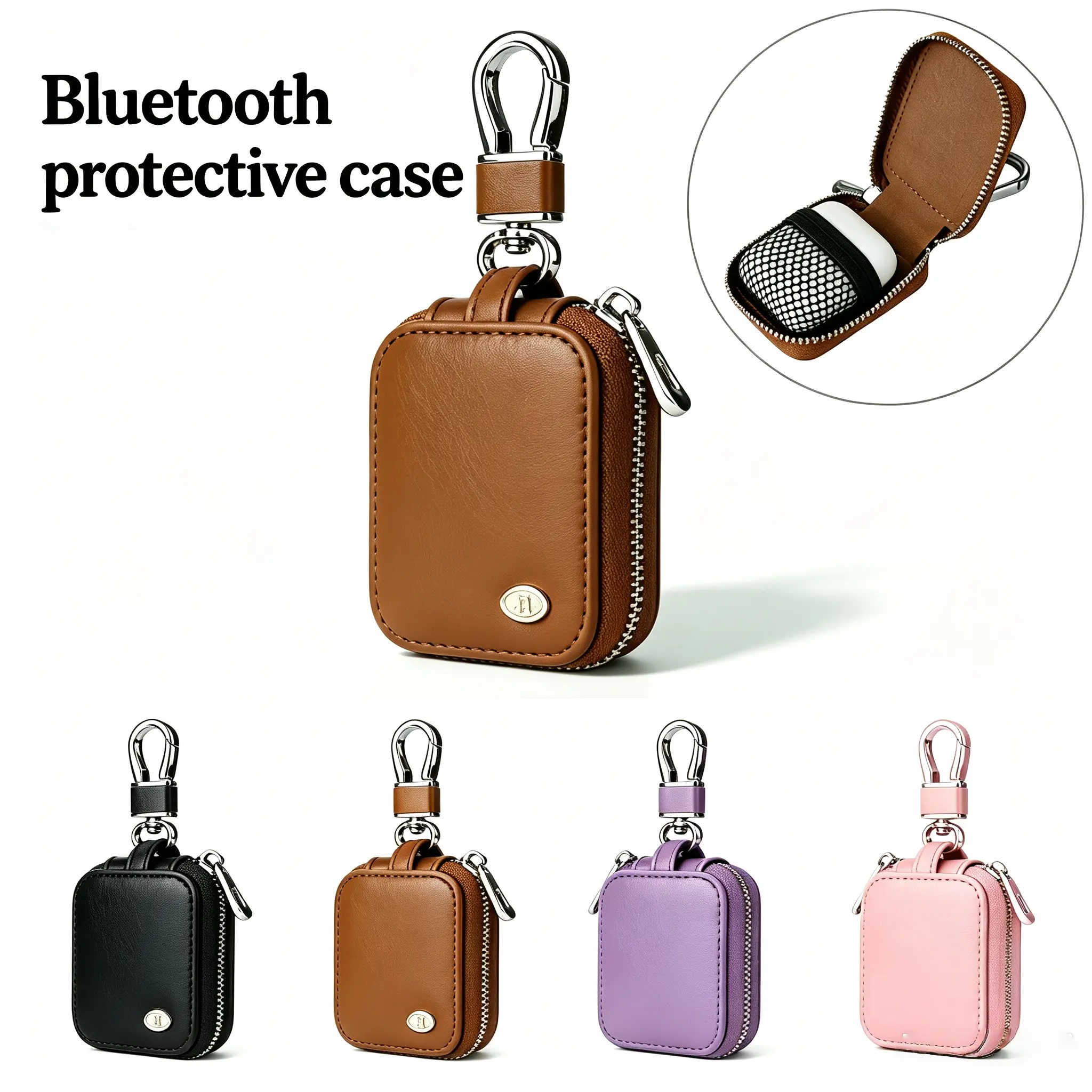 Fashion Bluetooth Protective Case Universal Earbud Case ForAirpods 4/1/2/3/Pro 2 Waterproof Pu Leather Zipper Mesh Pocket Keychain Shockproof Scratch Resistant Portable Travel Wireless Wired Earphone Protector Daily Durable Earbud Case