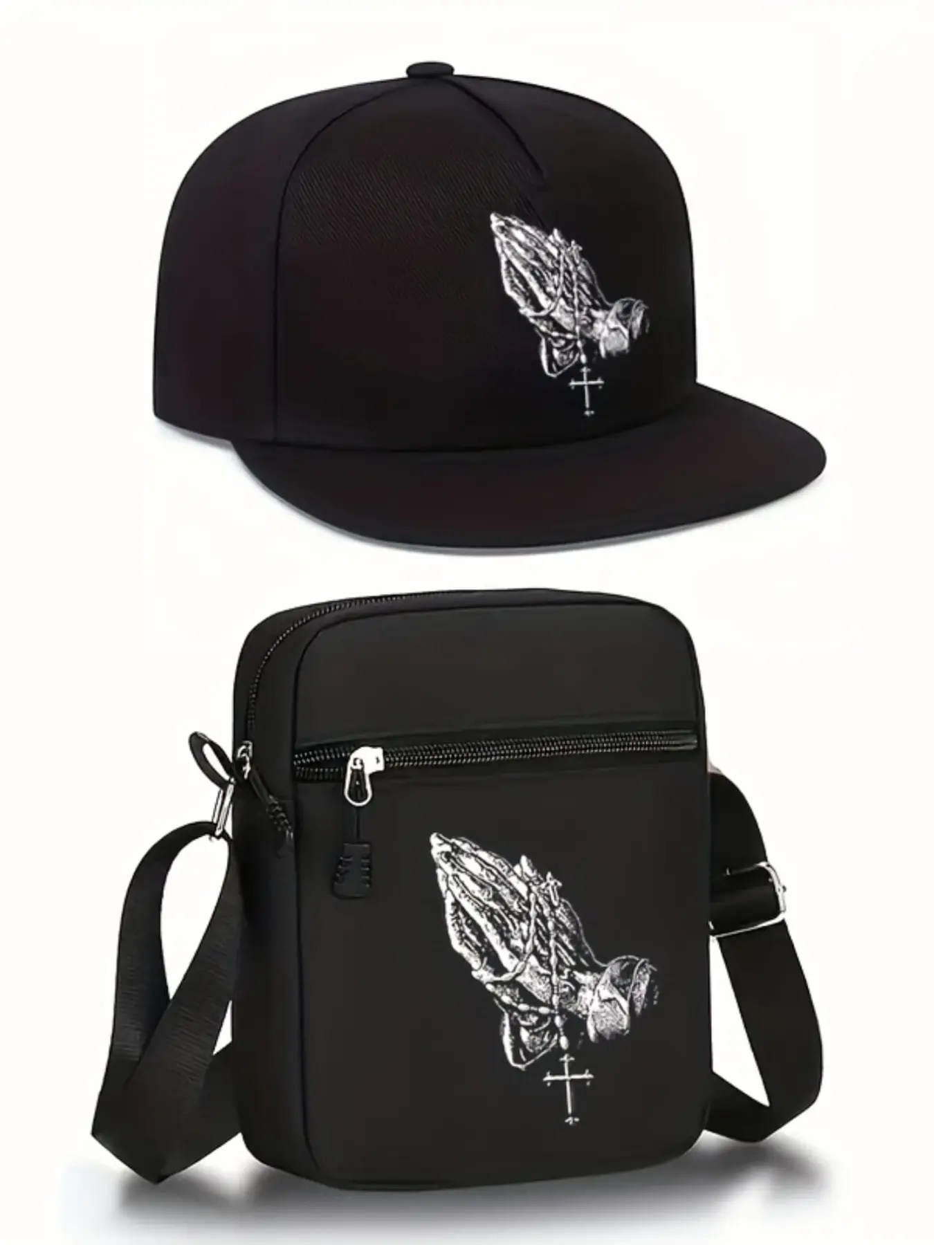 Hip-Hop Gesture Cross Print Unique Graphics Baseball Cap and Shoulder Bag Set, Adjustable Street Fashion Accessories, Perfect for Daily Wear and Gifts